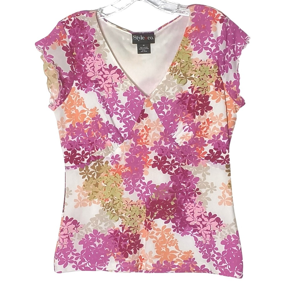 Style & Co Floral Blouse Women‎ Medium Multicolor V-Neck Cap Sleeve Mesh Overlay
